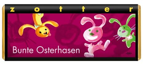 Zotter Dunkle Milchschokolade Bunte Osterhasen mit Kirsche und Haselnussnougat, handgeschöpft (70