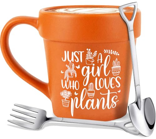 Just A Girl Who Loves Plants Gardener Coffee Mug Plant Pot Mug With Shovel Spoon & Fork - Handmade Plant Lover Gifts for Women, Mothers Day gifts for Grandma Mom Birthday gift for Women Flower Pot Cup