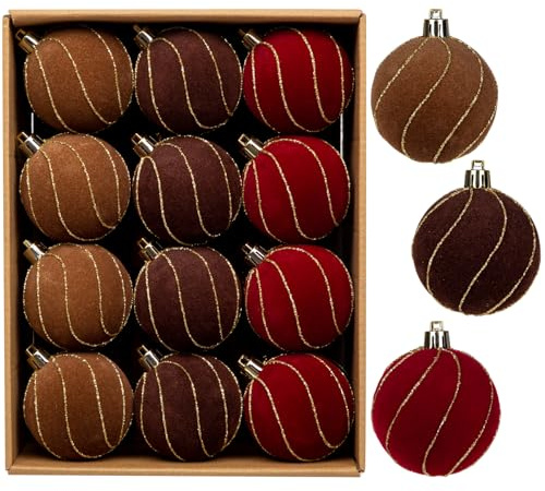 Briful Lot de 24 boules de Noël en velours, décorations de sapin de Noël, 6 cm, incassables, à suspendre, dorées à l'intérieur, petites boules multicolores de Noël avec finition en velours pour la