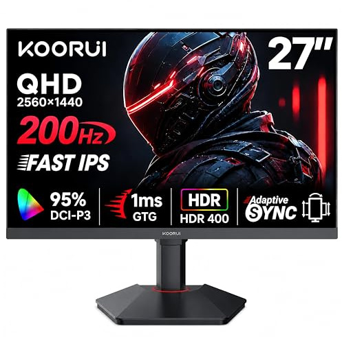 KOORUI 27 Inch 1440p Gaming Monitor 200Hz, 1ms, Fast IPS Screen, HDR400, 95% DCI-P3 Color Gamut, Height/Pivot/Tilt Adjustability, Adaptive Sync Technology, HDMI & DP Ports, 2K Monitor, Black, G2722P