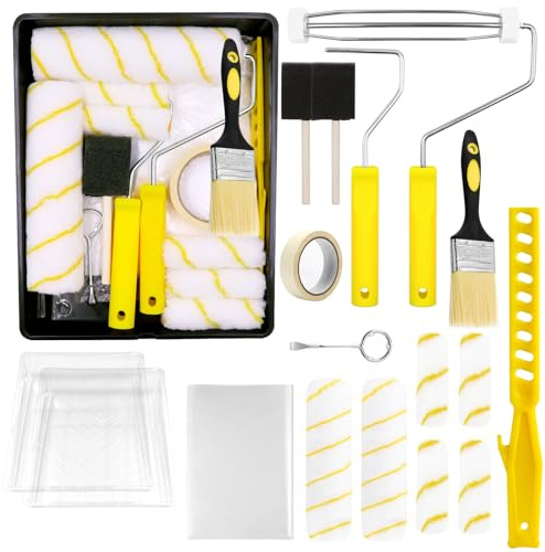 19pcs Paint Roller Set, 9 inch 4 inch Rollers for Painting, 11 Paint Tray, 7pcs Paint Roller Sleeves, Sponge Brush Can Opener, Roller Set for DIY Painting Walls Ceilings