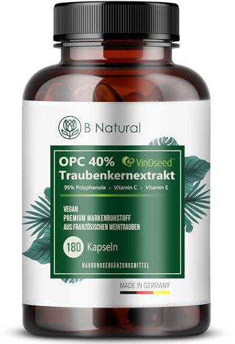 OPC Traubenkernextrakt – 180 Kapseln hochdosiert 40% OPC – 95% Polyphenole - VinoSeed™ Markenrohstoff aus original französischen Weintrauben & zusätzlich Vitamin C + Vitamin E - Vegan