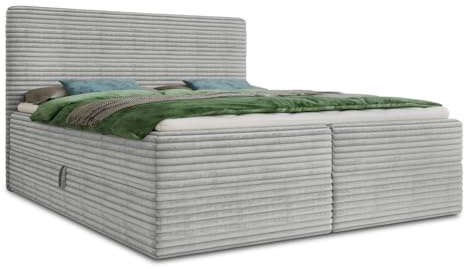 Sofnet Boxspringbett Mollo mit 2 Bettkästen, Doppelbett mit Bonell-Matratze und Topper, Polsterbett in weichem Cordstoff, Bett, Bettgestell für Schlafzimmer (Grau (Tilia 86), 160 x 200 cm)