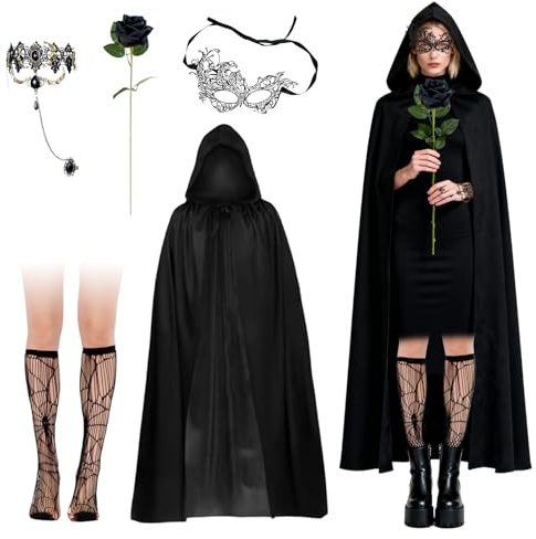 TaimeiMao Cape noire 6 pièces avec capuche Set, Femme Halloween Vampire Costume, avec collier, masque, 1 paire de chaussettes hautes, Black Rose, 150cm Halloween Cape en velours, pour Carnaval Fêtes