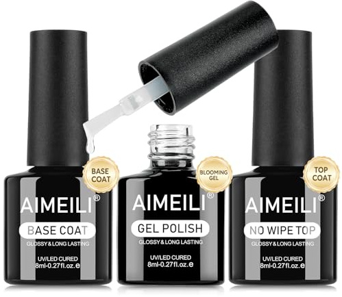 AIMEILI Base Coat Top Coat Blooming Gel Set Alto Brillo Gel Difusor, Capa Superior y de Base Blossom Soak Off UV/LED Para Manicure Home Salon DIY, 3 x 8 ml