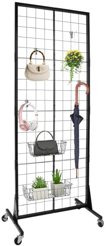 Grid Wall Display Stand 60x160cm - 1.96'x5.2' Ft, Floorstanding Wire Grid Panel Rack with Wheels, Detachable Gridwall with Extra Hooks for Retail, for Retail Art Fair Show