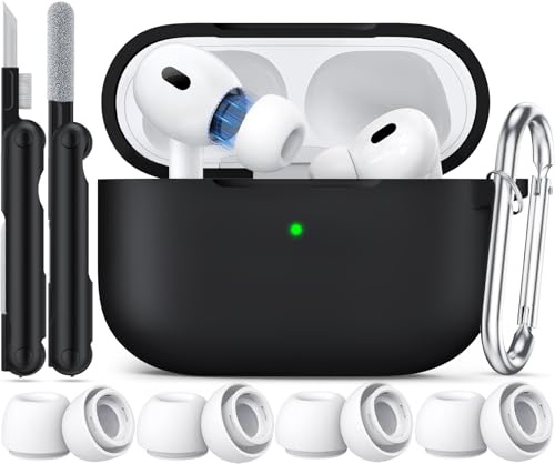 Joremx Kompatibel mit AirPods Pro 2 hülle (2022),Silikon Case für AirPods Pro 2 (2019) (USB-C/Lightning-Anschluss 2023), Mit Ohrstöpseln(Größe 4. XS/S/M/L) und Reinigungsset–schwarz