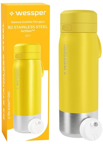 Wessper stålvattenflaska med vattenfilter 700 ml, BPA-fri, termosflaska med skivvattenfilter, dryckesflaska idealisk för sport, cykling, fitness- Gul