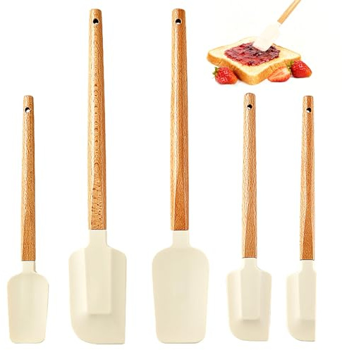 5 Stück Silikonspachtel mit Holzgriff,Silikon Gummi Schaufel Set, Küchenspatel, Backen, Marmelade Rühren Rührwerkzeuge, Starker Edelstahlkern im Inneren mit lebensmittelechtem Silikon