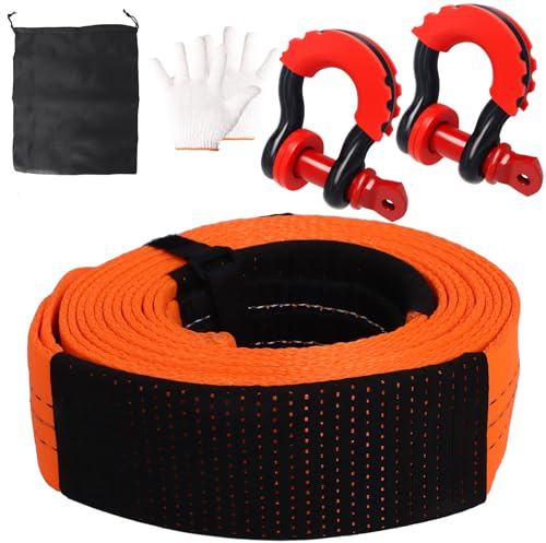 Cuerda de remolque de 7,5 m x 6 cm, kit de recuperación de vehículos de 15 toneladas con correa de remolque resistente, 2 grilletes reforzados y guantes de protección, todoterreno, automóvil, SUV, 4x4