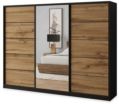 Masseno Schiebetürenschrank NATA 270/205/58 cm Kleiderschrank mit 4 Schubladen Schlafzimmer Schrank 3-türig mit Spiegel Schwarz/Eiche Wotan