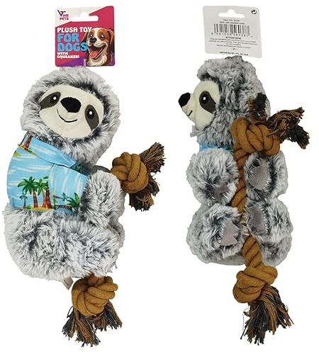 VINE PETS Uppsättning av två plyschsengångare hundleksaks set med pipare och dragrep, grå plyschmaterial, tropisk design, 33 cm