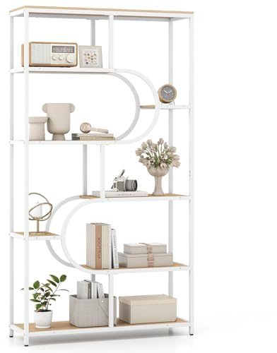 COSTWAY 8/10-Tier Bookshelf, Industrial Etagere Bookcase with Open Storage Shelves, Freestanding Metal Frame Tall Display Shelf Storage Organizer (Natural + White, 95 x 30 x 176 cm, 8)