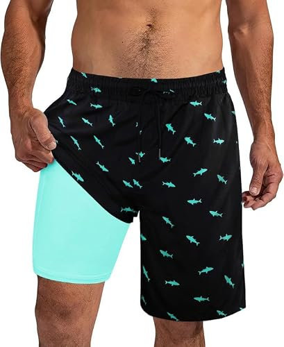 XiaoMoSha Mens Swimming Shorts Men's Swim Trunks with Compression Liner 2 in 1 Board Shorts for Surf Beach S-2XL Quick Dry