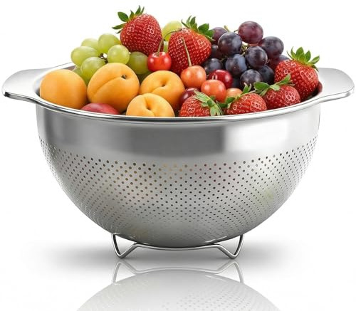 Exquilnova Stainless Steel Rice Strainer,Sturdy Base Colander for Kitchen,Pasta Strainer with Wide Handle,Sieve Stainless Steel for Cleaning Fruits,Beans,Vegetables,Kitchen Accessories(25CM)