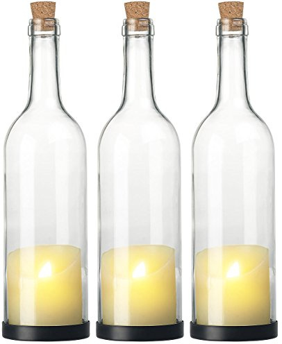 Lunartec Dekoflaschen LED: 3er-Set Deko-Glasflasche mit LED-Kerze und beweglicher Flamme, Timer (Flaschenbeleuchtung, Deko-Flasche Glas, Tischleuchte Batterie)