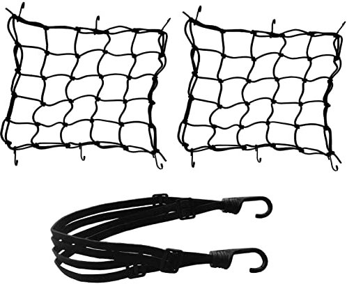 2pz Rete Ragno Elastica + 1pz Corda Elastica, Annhao Accessori per Moto Bici Portapacchi Coprire Appendere Casco Bagagliai con Ganci, 40 * 40CM, 60CM (Nero)