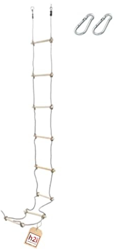 h2i Strickleiter für Kinder | Kletterleiter mit 8 Holzsprossen | Hängeleiter aus Holz | Seilleiter inkl. Karabiner | Outdoor Kletterspielzeug | Höhe 290 cm