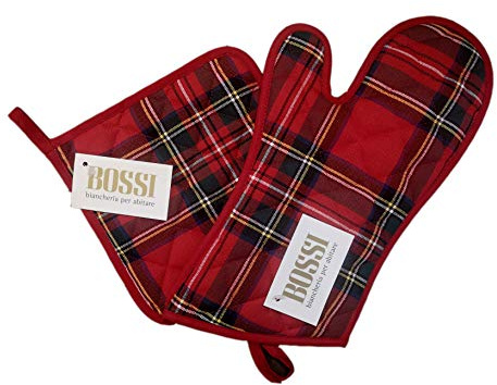 Bossi Set Natale Natalizio Tartan 1 Guanto + 2 Presine Quadrate 100% Puro Cotone Pettinato Tinto in Filo