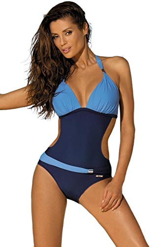 JFAN Femme Maillot De Bain 1 Pièce Col V Bloc De Couleur Elégant Tankini Contrôle du Ventre Amincissante Slim Grande Taille Svelte Siamois Bikini Lac Bleu M