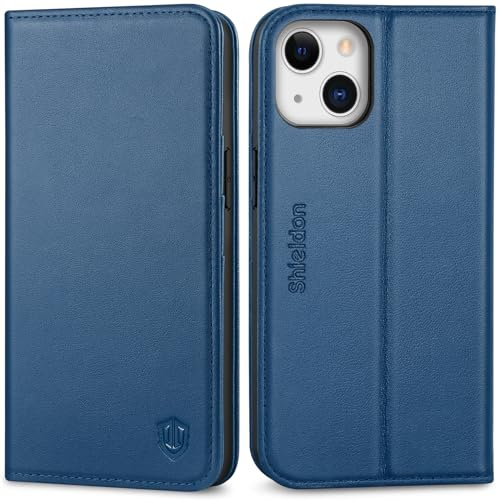 SHIELDON Genuine Leather Wallet Case for iPhone 13 6.1, Royal Blue