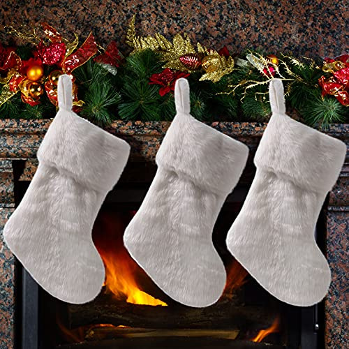 LEMCC Lot de 3 chaussettes de Noël blanches neige de 48 cm en fausse fourrure pour cheminée, décoration de fête, cadeau, 48cm/18.89inch