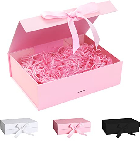 Geschenkbox Mit Schleife, Deckel und Schleifenband - Magnetische Box Mit Geschreddertem Papier für Hochzeit, Geburtstag, Weihnachten, Jubiläum (Rosa, 27 * 19 * 8cm)
