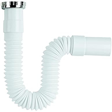Sanixa GO1000TOPCR3 Universal-Abflusssiphon weiß chrom Kunststoff Metall flex 1 1/4 Zoll auf 32 mm Siphon Küche Spüle Bad Waschbecken Ablauf flexibel