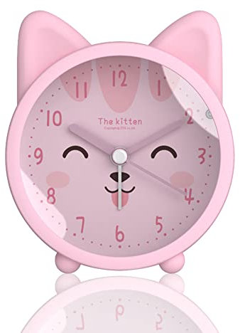 Roadtime Niedlicher Tierwecker für Kinder, nicht tickende Katze/Hirsch, Schreibtisch-Wecker mit Hintergrundbeleuchtung (Rosa)