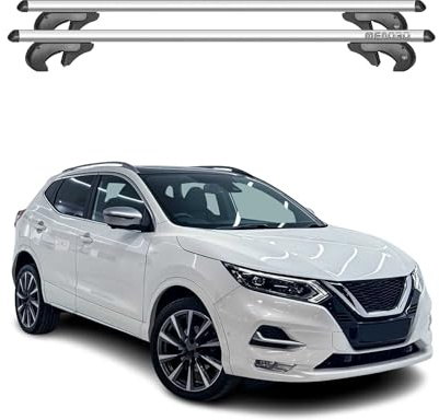 Menabo Dachträger Grundtäger kompatibel mit Nissan Qashqai J11 2017-2021 FL Aluminium 90kg Silber 2tlg Offene Reling für Fahrradträger, Dachboxen, Skiträger Abschließbar
