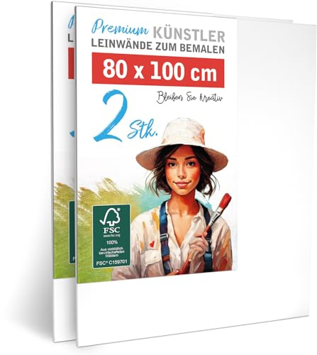 2er-Set Leinwand zum Bemalen 80x100cm groß - 100% Baumwolle 280g/m², 2-fach grundiert, FSC® Holz-Keilrahmen 17mm, für Acrylfarbe, Aquarell, Öl & Gouache