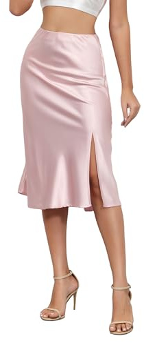 ALCEA ROSEA Womens Silky Satin Midi Skirt High Waist Elastic Waist A Line Flared Skirt with Slit(Pink,M)
