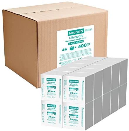 Medrull Impacchi non tessuto STERIL ULTRASOFT – 4 strati – 7,5 cm x 7,5 cm – Confezione 2 pezzi – 20 sacchetti di carta (40 pezzi) x 20 scatole