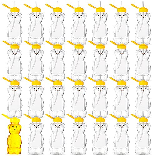 32 Stück Honigbär-Flaschen mit Trinkhalmen, leere Kunststoffbecher, Honigglas, Behälter, Bärenform, Quetschflasche, Aufbewahrung und Dosierung, gelber Klappdeckel, Honigflaschen, Glas (237 ml)