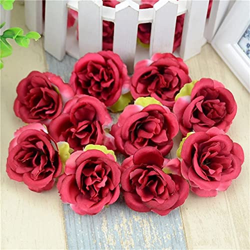 KEOU 10 Stück Mini-Kunstblumen aus Seide, Rosenköpfe für Hochzeitsdekoration, Party, gefälschte Scrapbooking, Blumenkranz, Wohnaccessoires, Rot