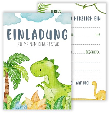 WBdesignz 12er-Set Einladungskarten zum Kindergeburtstag - Bunte Dinosaurier Einladung Geburtstagsfeier - Dino Partyeinladung Kinder - Rückseite zum selbst ausfüllen (DIN A6)
