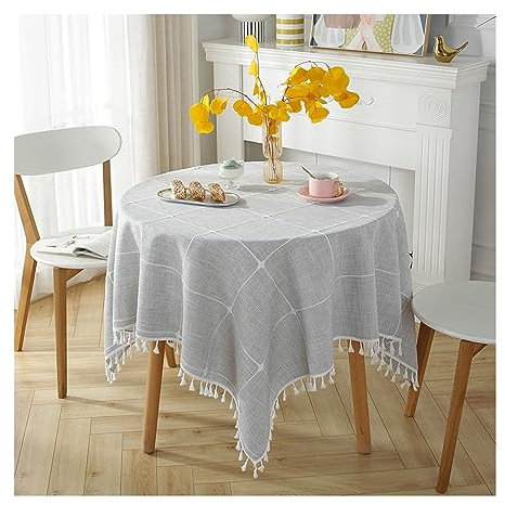 KnSam Tischdecke Rund, Kariert Muster mit Quaste Tischtücher Polyester Tischdecke Biertisch Tischbedeckung für Küche Esstisch Dekoration, für Esszimmer, Garten, Party, Hochzeiten, 140CM, Grau Weiß