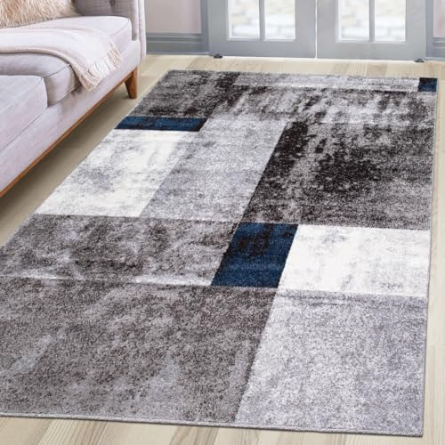 oKu-Tex Teppich Wohnzimmerteppich [160x230 cm] weicher Kurzflor grau blau meliert - Grauer Teppich für das Wohnzimmer - Carpet Living Room - geometrisches Patchwork Design - Deutsche Marke