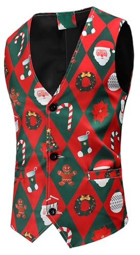 YEPREM Outdoor Weste Für Herren Druck Weihnachtsserie Taschen Weste Herren Leichte Leistung Basic Weste Herren Abschlussball Weste Cosplay Knopfleiste Herren B-Red1 4XL