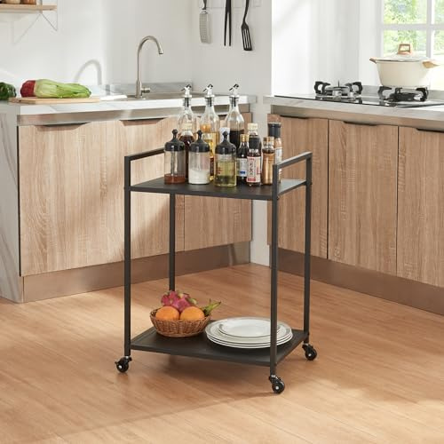 [en.casa] Servierwagen Lesja Küchenwagen mit Rollen Rollwagen mit 2 Ablagen Metall Beistellwagen Rollregal Badregal 68,5 x 50 x 36 cm Schwarz
