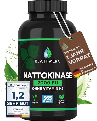 Nattokinase 2000 FU - JAHRESVORRAT - 365 Nattokinase Kapseln je 100mg (20.000 FU/g) - Deutsche Herstellung - Nattokinase hochdosiert - Natto aus Soja - 100% Vegan - Laborgeprüft - BLATTWERK