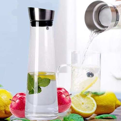 Carafe en Verre avec Couvercle à Clapet en Acier Inoxydable - 1 Litre pour Eau Chaude/Froide, Lait, Jus et Limonade