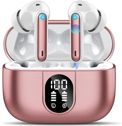 Csasan Wireless Earbuds, Bluetooth 5.3 Headphones In Ear with 4 ENC Noise Cancelling Mic, 2025 Mini Deep Bass Stereo Ear Buds, 40H Playtime Bluetooth Earphones, IP7 Waterproof Earbuds, Rose Red