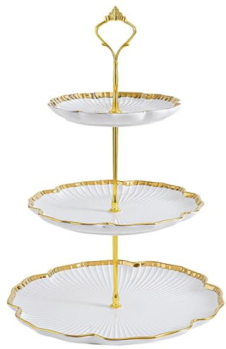 YBCPACK 3 Tier Ceramic Cake Stand, White Flower Shaped Tiered Tray Cupcake Stand, 3 Tier Round Porcelain Dessert Stands for Afternoon Tea, Wedding, Birthday Party, Baby Shower