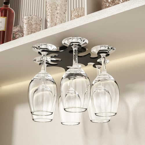 Vaisoeny Under Cabinet Wine Glass Holder, 360° Infinitely Rotating Wine Glass Holder, No Drilling Wine Glass Rack for Kitchen, Dining and Bar.(Black)