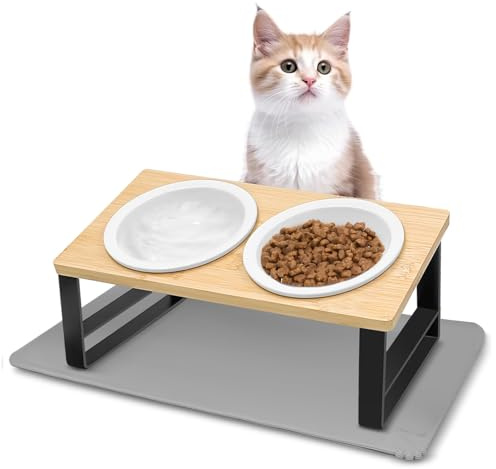 Avmvnvc Set de 2X Comedero Gato Elevado, Comedero Perro Ceramica, Comederos para Gatos Inclinado 15° con Antideslizante Alfombrilla, Cuenco Gato Antivómitos, Comederos y Bebederos para Gatos y Perros