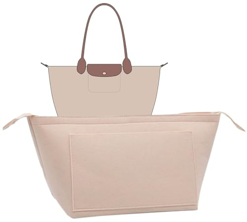 UMLIPOT Tascheneinsatz Organizer L,Dickeres Filz Perfektere Größe,Passend Für Longchamp Tragetasche mit langem Griff für longchamp L,Mit Reißverschluss und Multifunktionalen Taschen（L/Cremefarben）