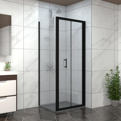NRG Bathroom Bi- Fold Door Black Framed + Side Panel, 800 x 700mm Shower Enclosures with Anthracite SMC Rectangle Shower Tray