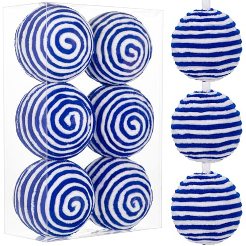 Oairse Adornos de Bolas de Navidad Azules y Blancas de 10cm, 6 PIEZAS Bolas de Hilo Decorativas Grandes Adorno de Bola Navideña para Decoraciones de Árbol de Navidad Navidad Halloween Vacaciones