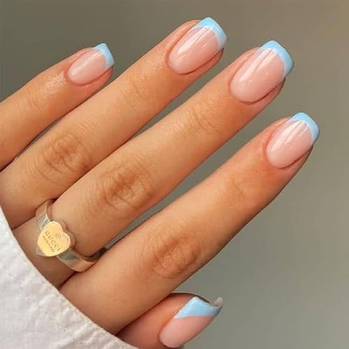 French False Nails - 24pcs Square Short Fake Nails - Baby Blue Elegant Press on Nails French Tip - Glossy Glue on nails - Full Cover,12 Sizes Reusable Acrylic Nail for Women Girls